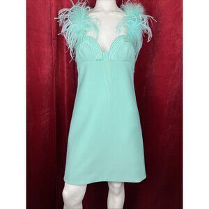 38 Elie Saab Y2k Style Aqua Blue Babydoll Mini Dress Feather Shoulder
